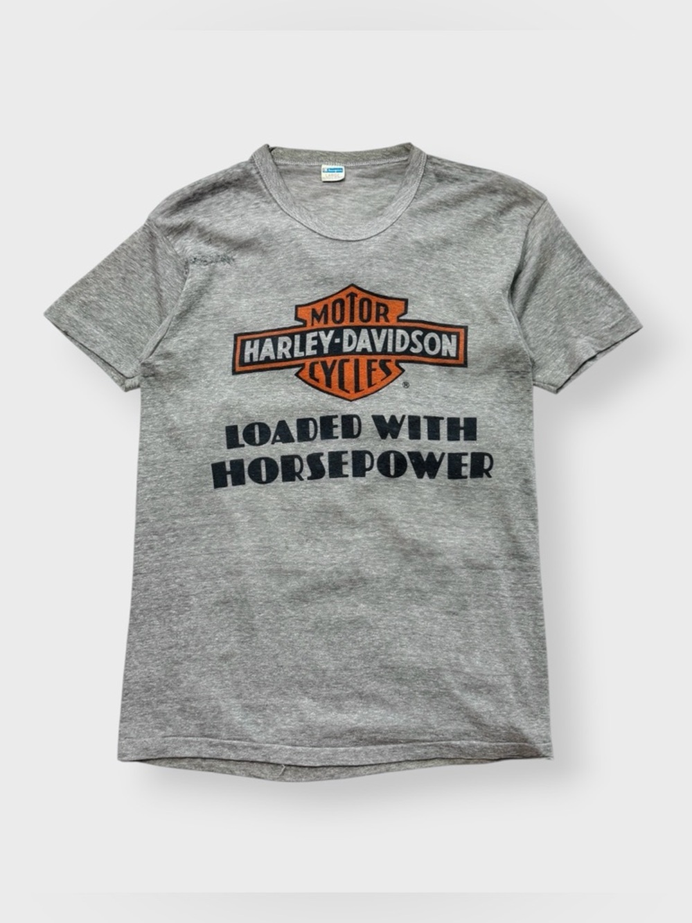 Vintage 70s Champion Blue Bar Harley Davidson Horsepower Shirt 2-Sided Stockton